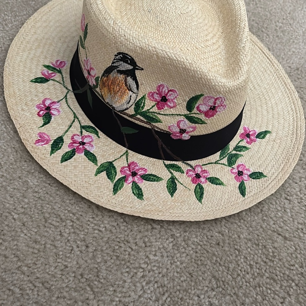 Floral Embroidered Straw Hat with Black Band
